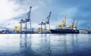 image of cranes at a seaport in Jakarta, Indonesia